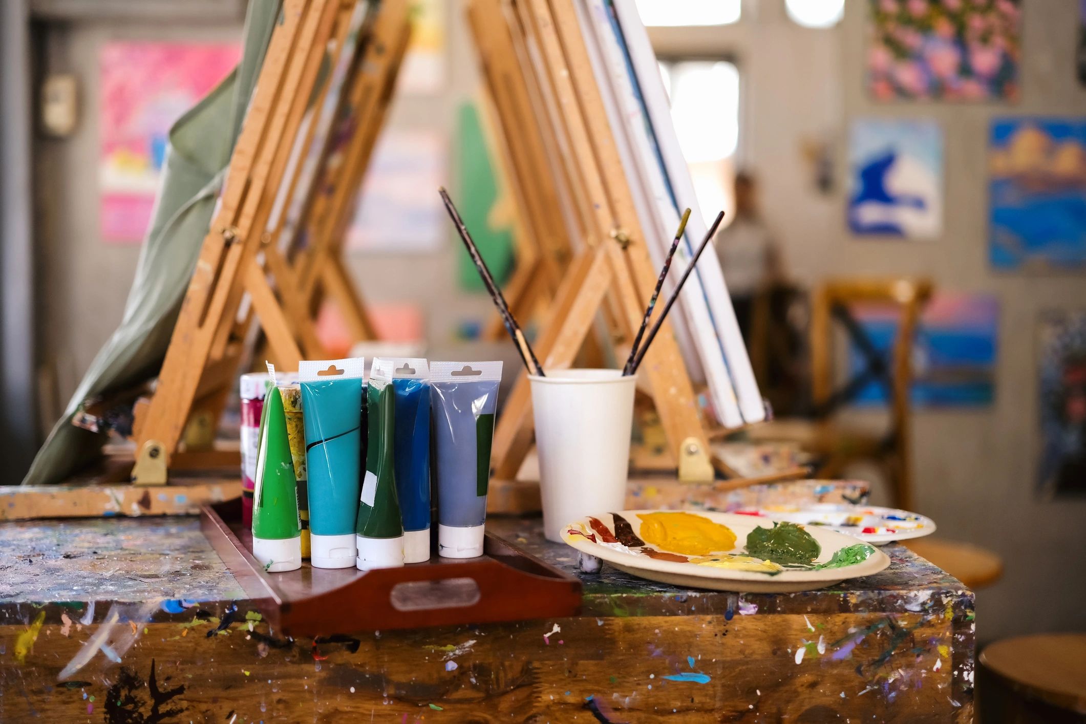 Artist studio supplies on a table